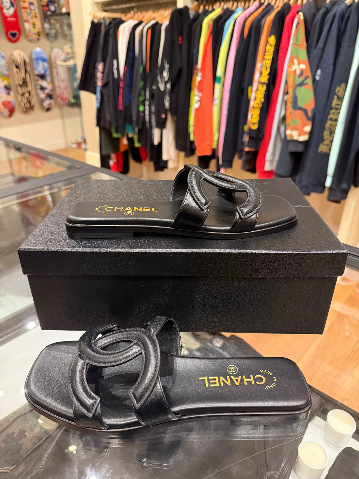 Chanel Interlocking CC Logo Lambskin Leather Sandals