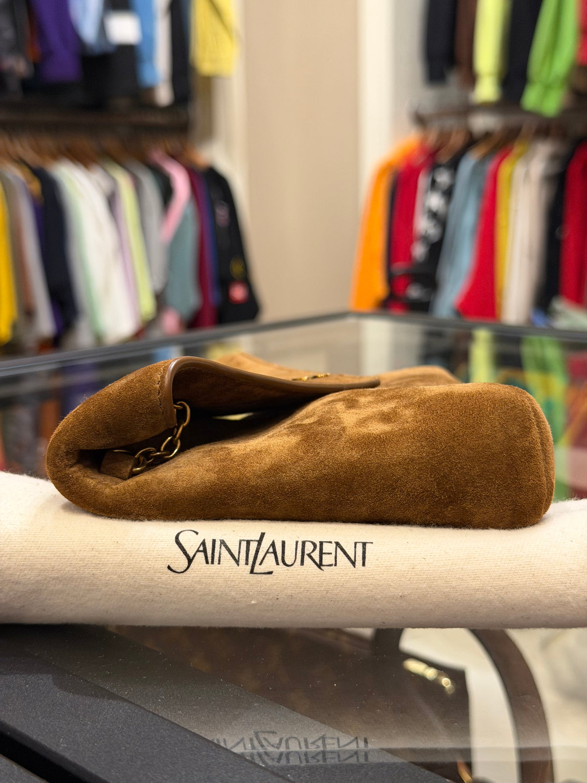 Saint Laurent Cassandre Small Chain Pouch In Suede - Caramel Cognac