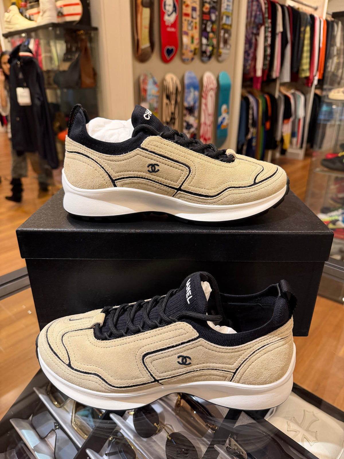 Chanel CC Suede Trainers - Beige/Black