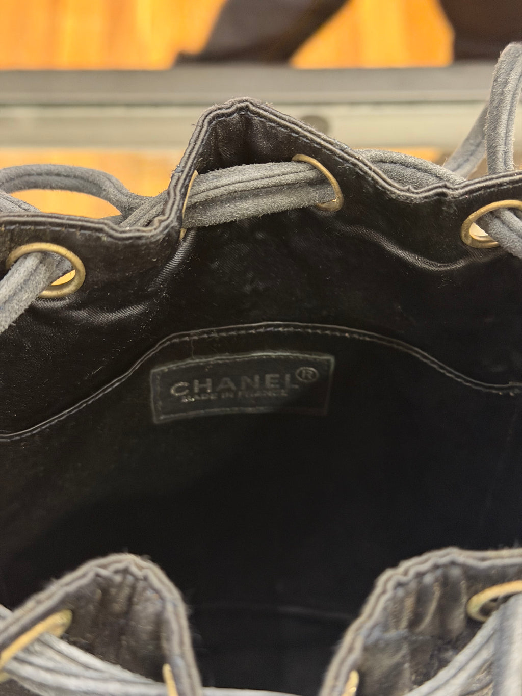 Chanel Satin Quilted Blue Pearl Drawstring Backpack