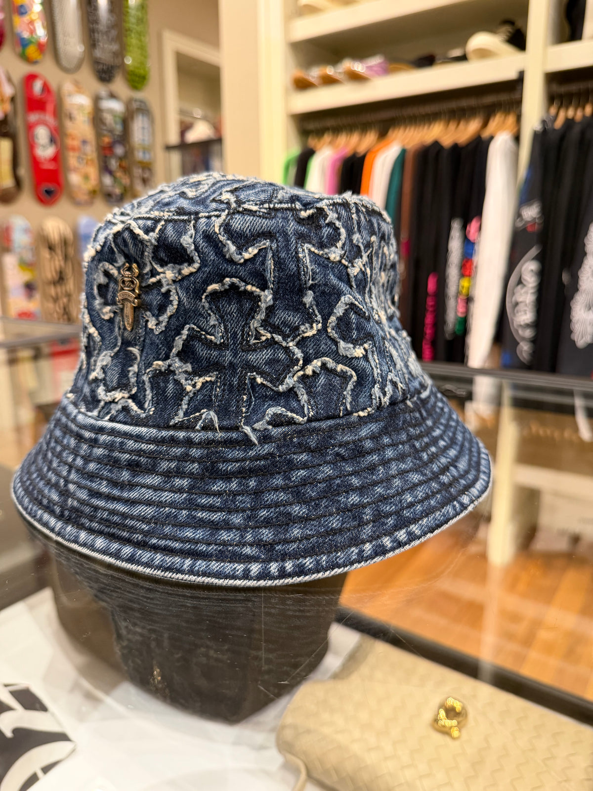 Chrome Hearts Denim All Over Cross Bucket Hat W/ Dagger - Blue