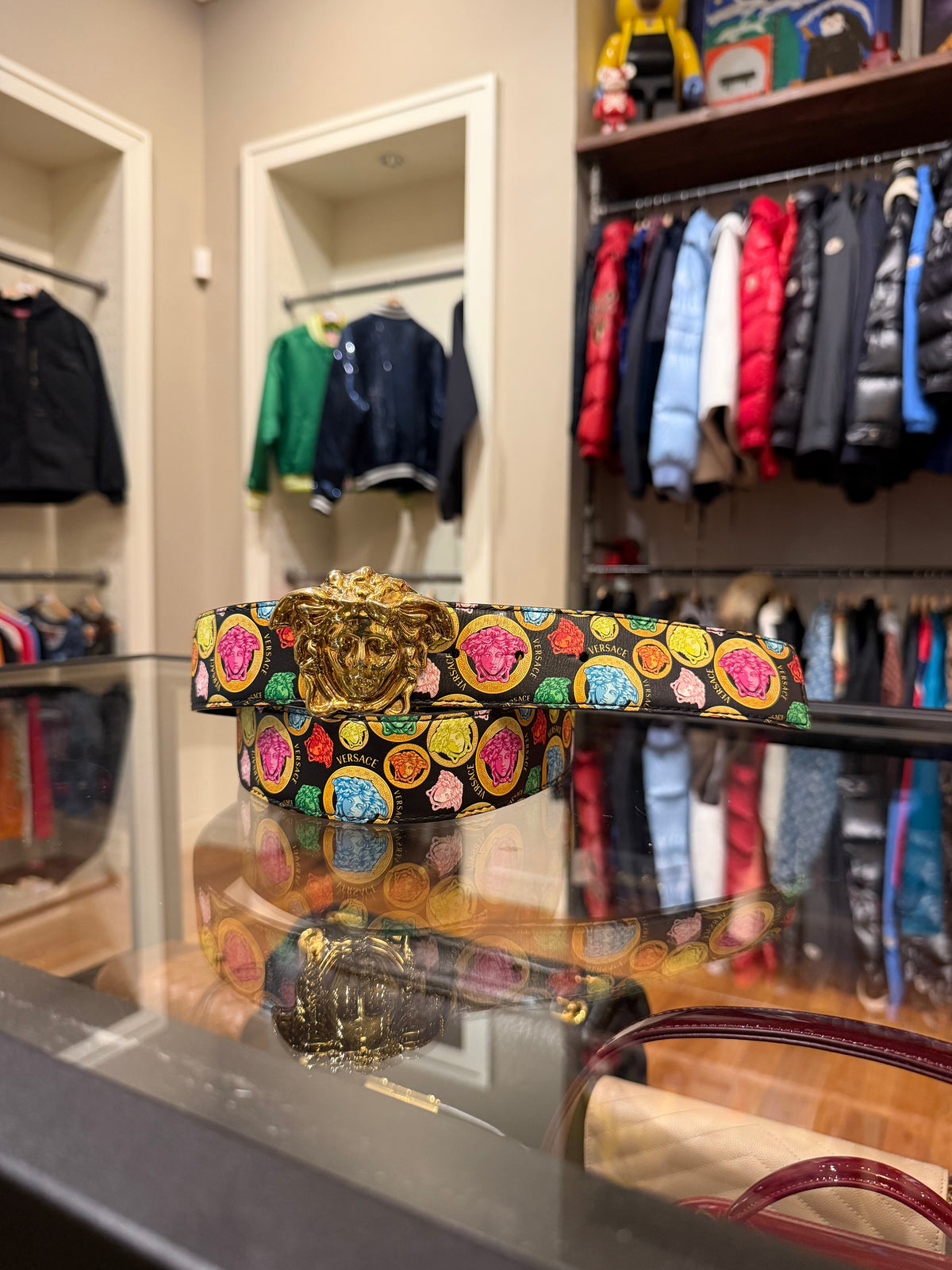Versace Medusa Reversible Belt - Monogram/Black With Gold Buckle