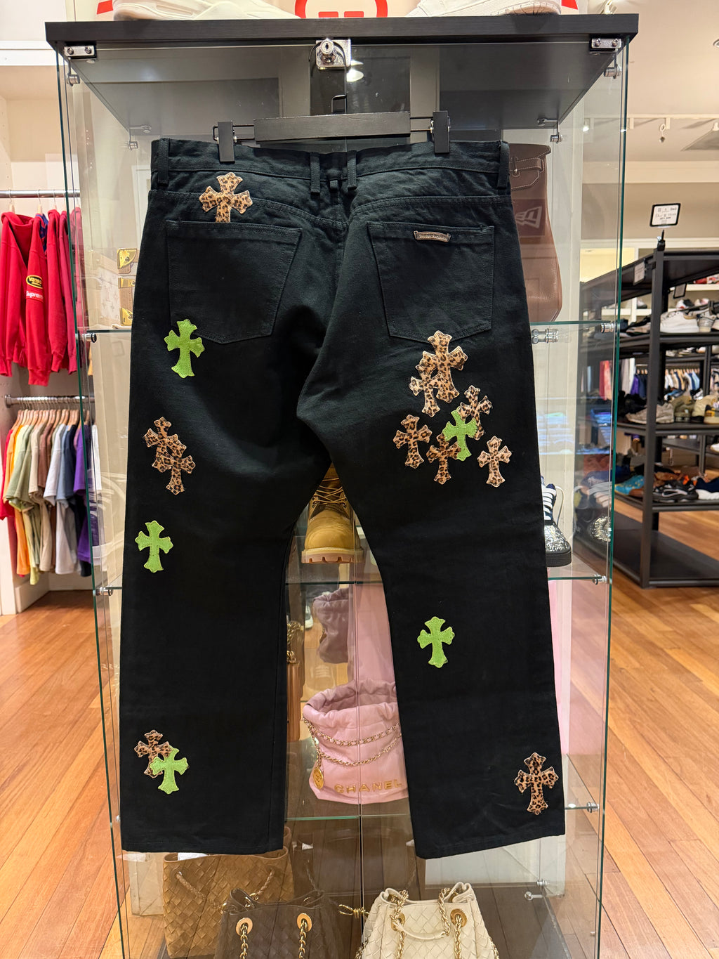 Chrome Hearts Leopard & Green Cross Patch Denim Jeans - Black