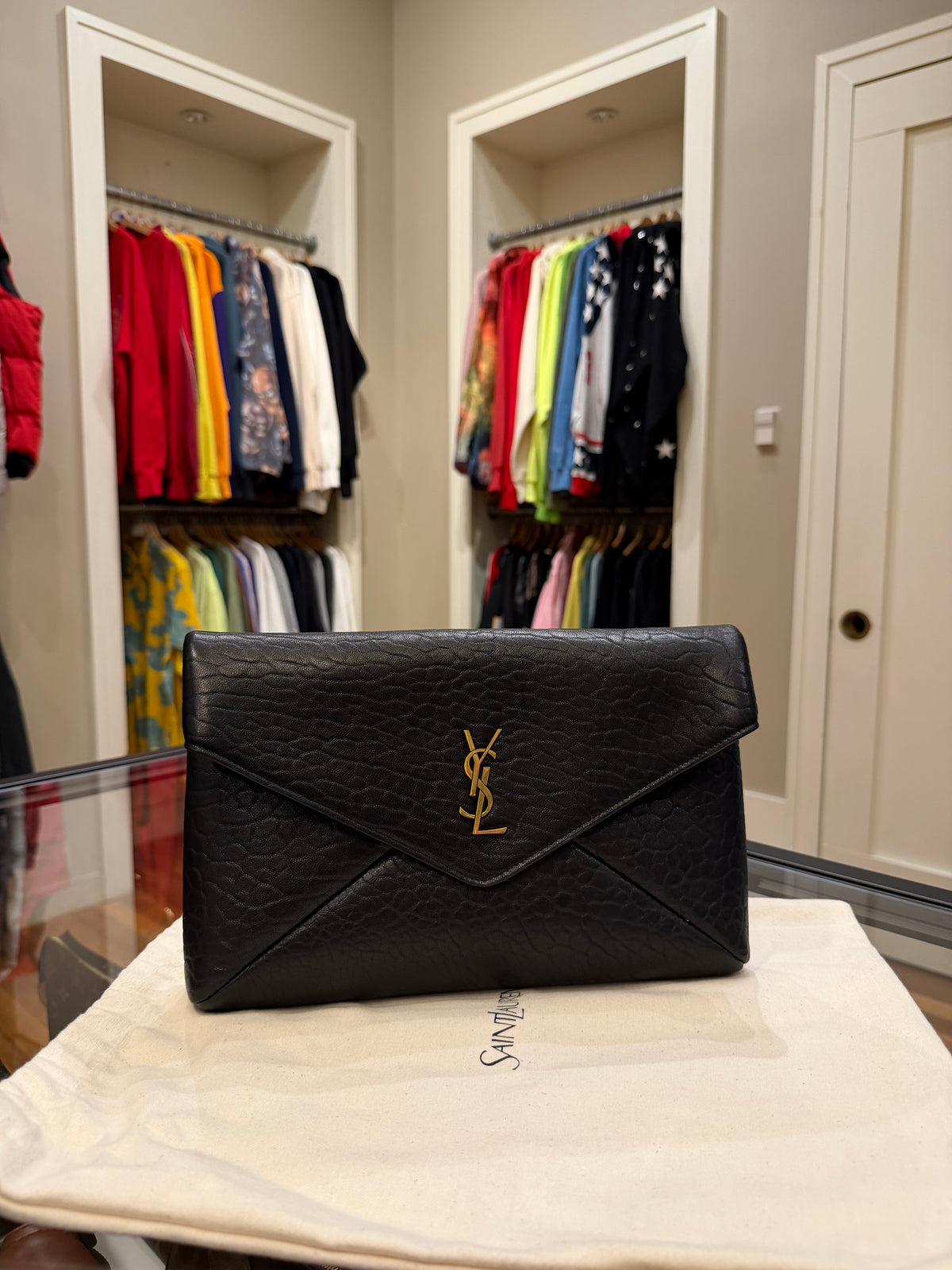 Saint Laurent Paris Envelope Clutch Bag In Engrained Calfskin Leather