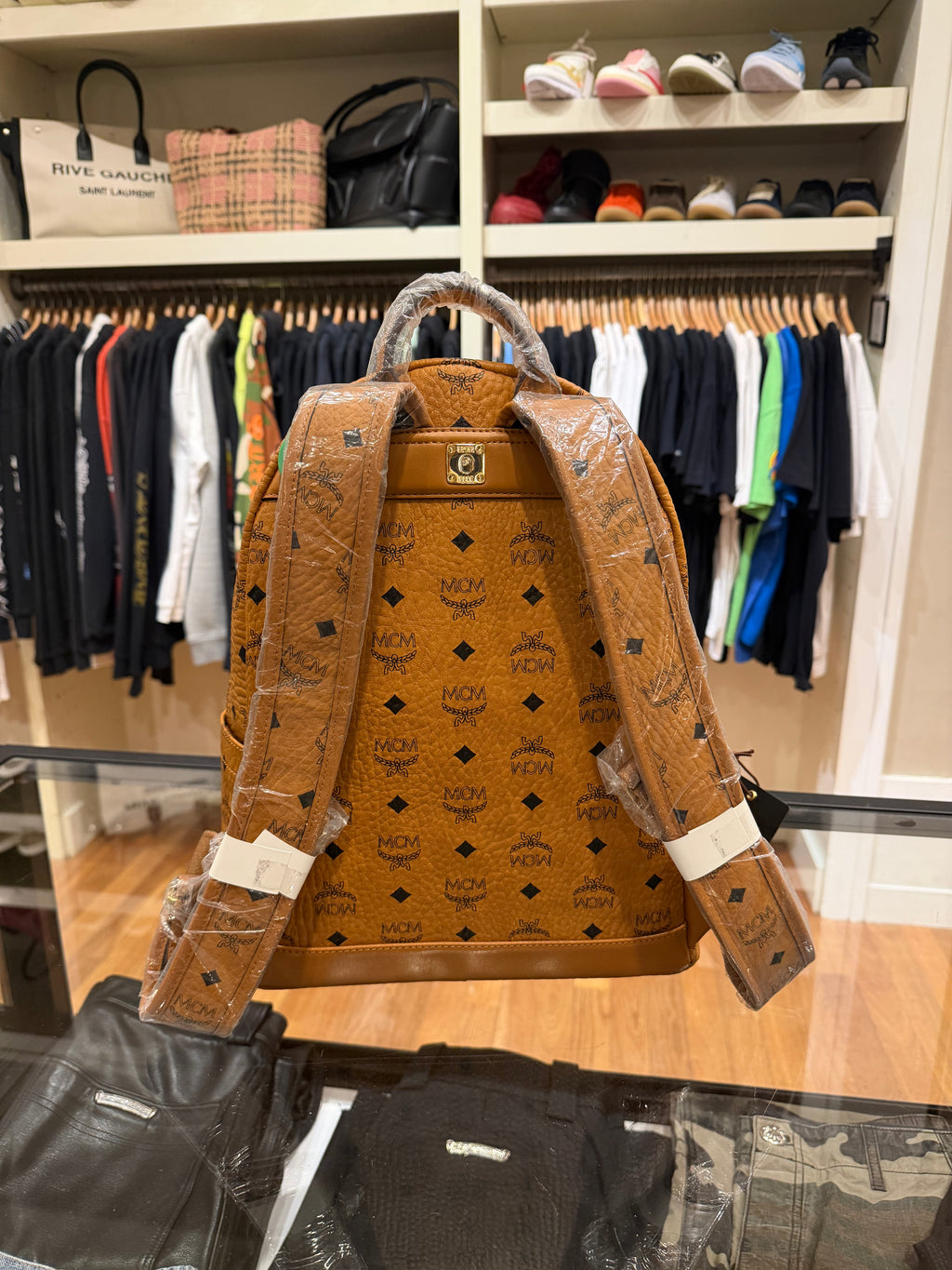 MCM x Bape Shark Backpack Visetos Cognac