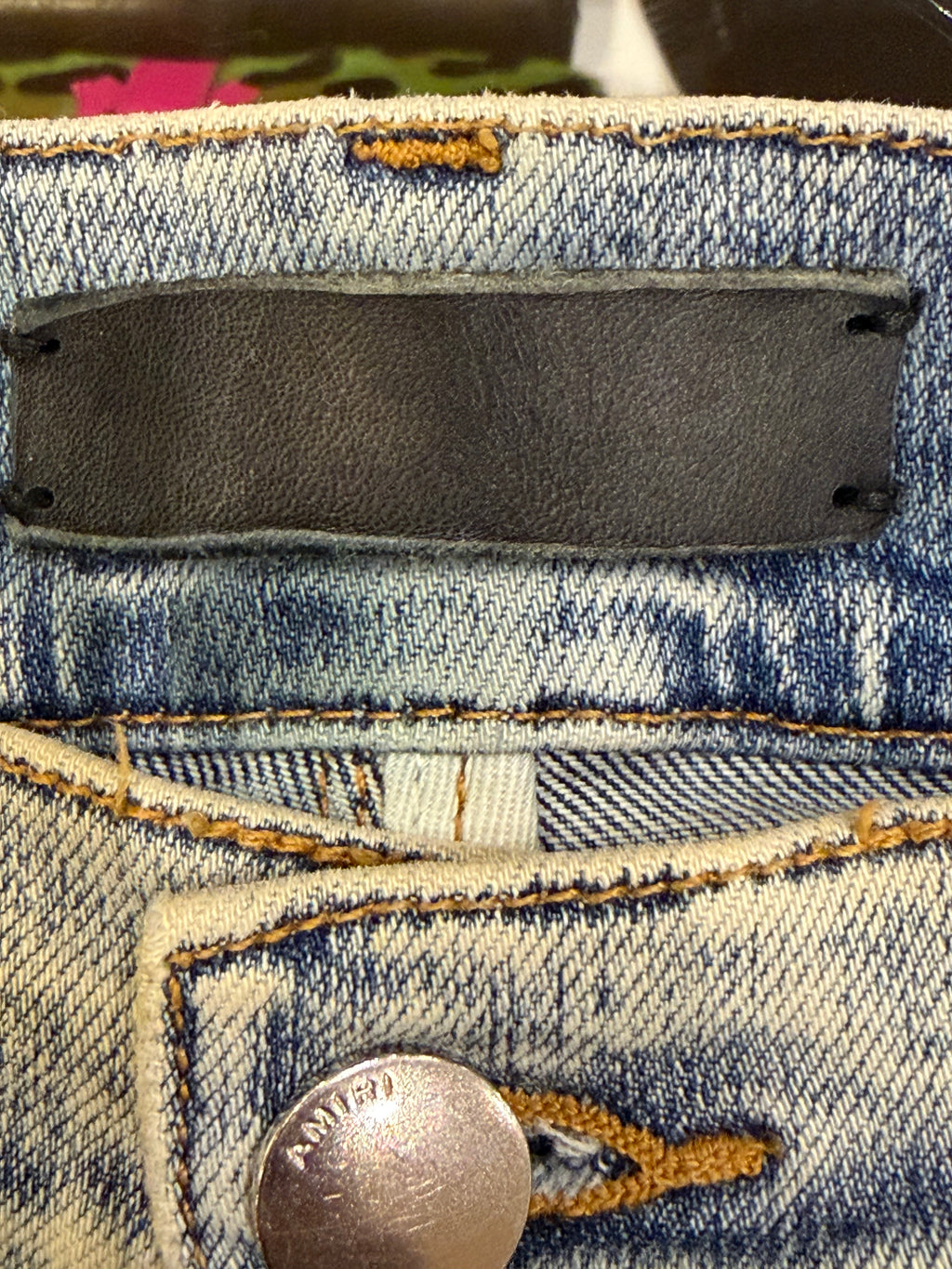 Amiri MX1 Distressed Skinny Jeans - Light Wash/ Tie Dye Patches