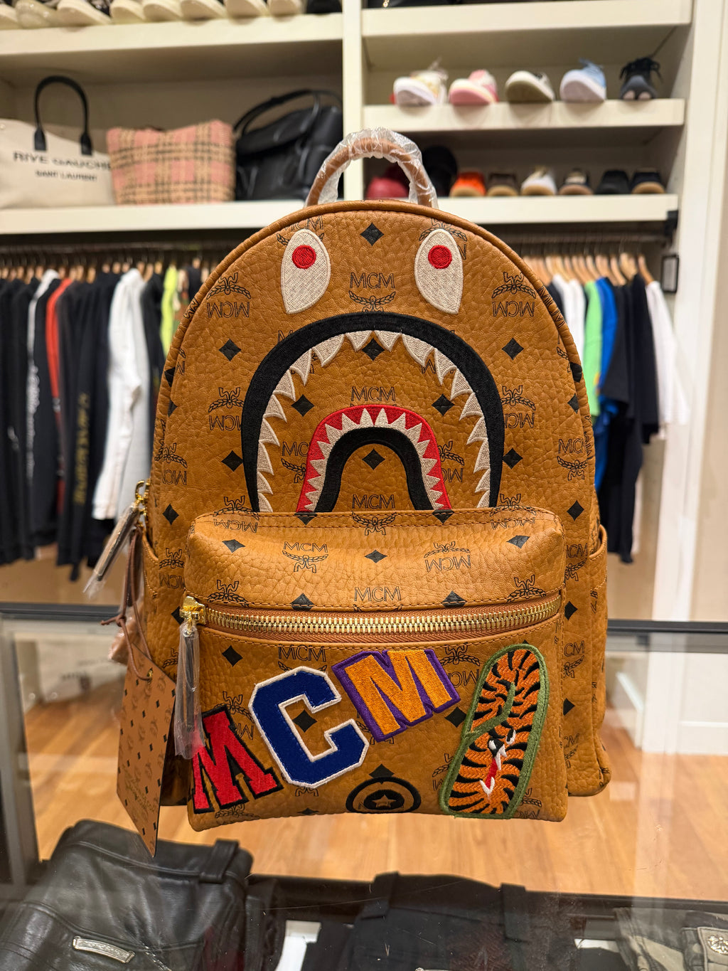 MCM x Bape Shark Backpack Visetos Cognac