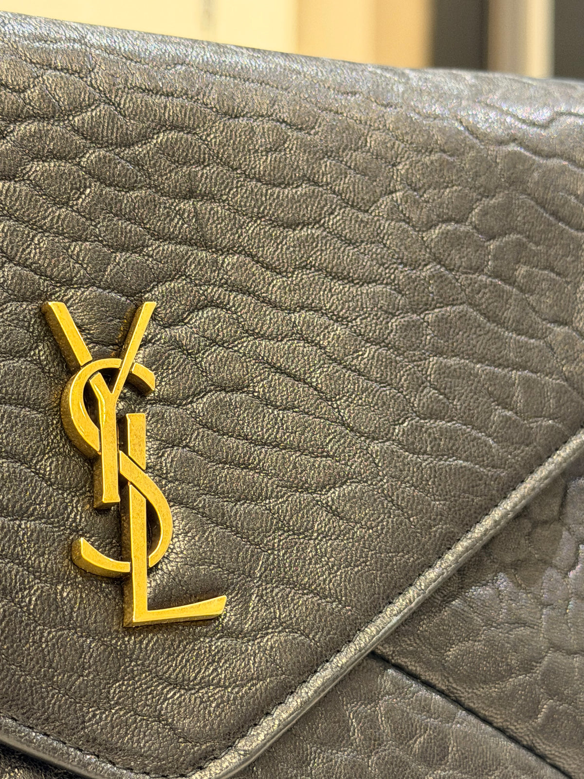 Saint Laurent Paris Envelope Clutch Bag In Engrained Calfskin Leather