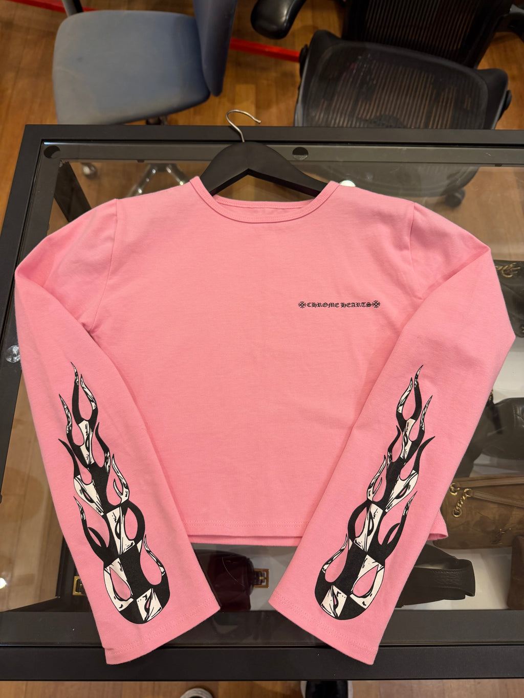 Chrome Hearts x Matty Boy Pink Flame Long Sleeve Crop Top