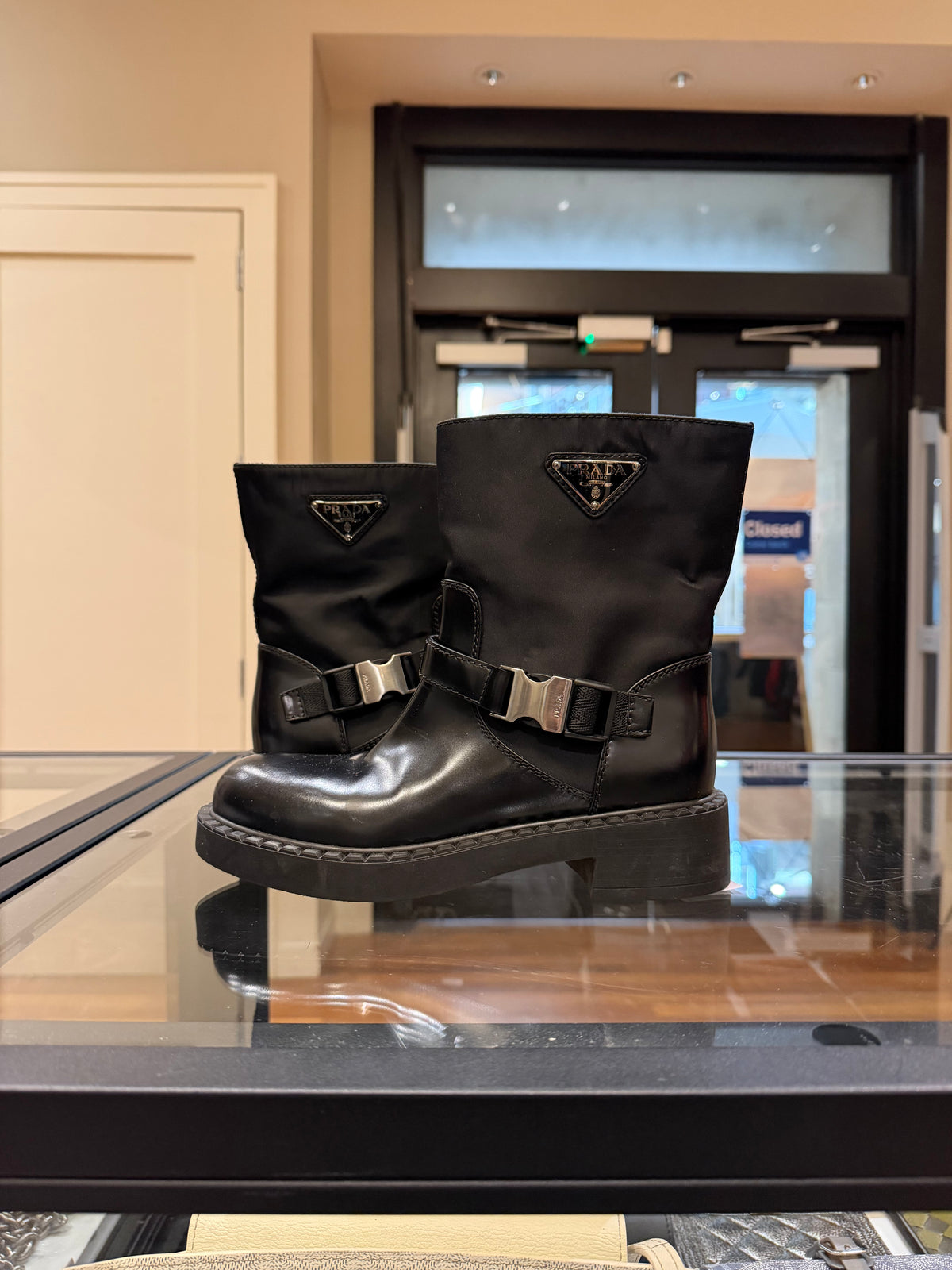 Prada Ankle Strap Nylon Moto Boots