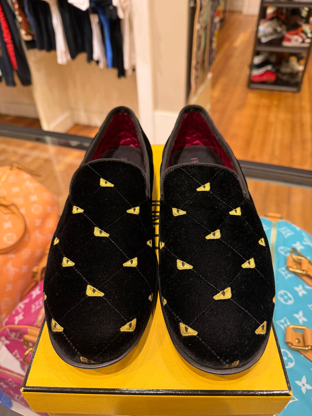 Fendi Velvet Eye Monster Motif Loafers