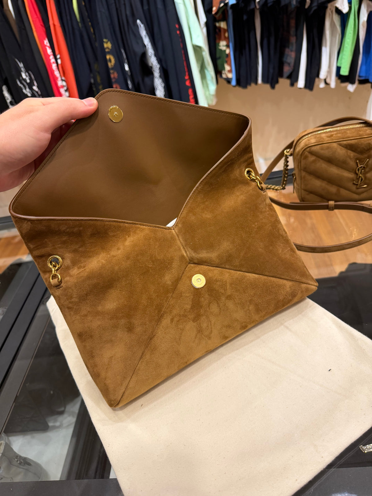 Saint Laurent Cassandre YSL Envelope Shoulder Bag - Camel Suede