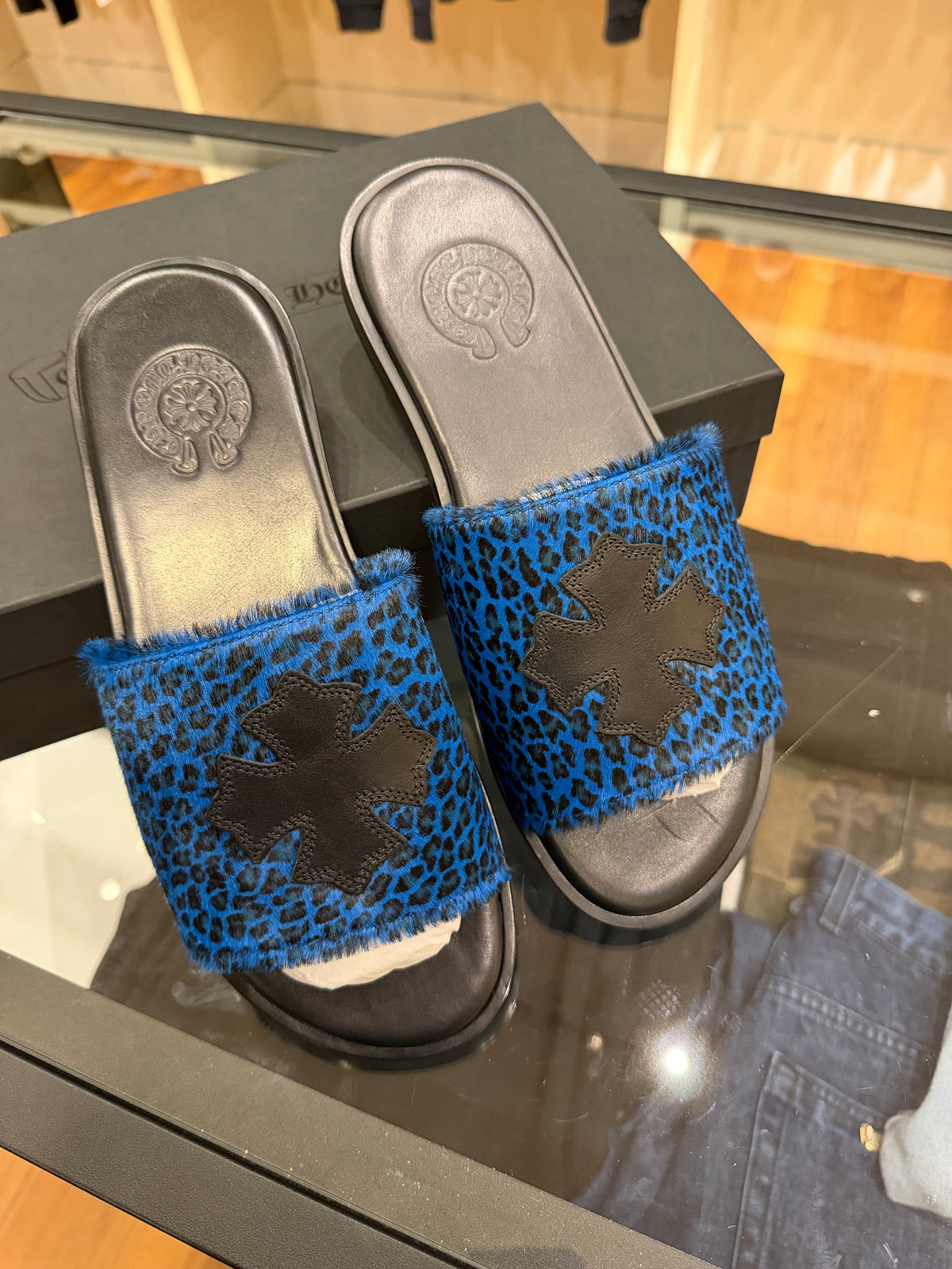 Chrome Hearts Blue Leopard CH Plus Patch Slides