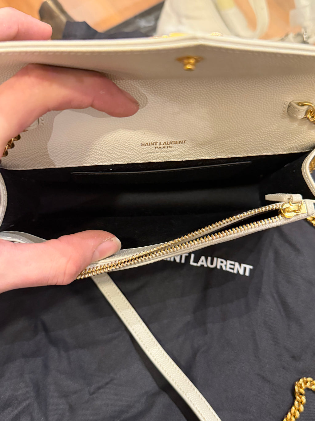 Saint Laurent Cassandre Envelope Chain Wallet - Beige