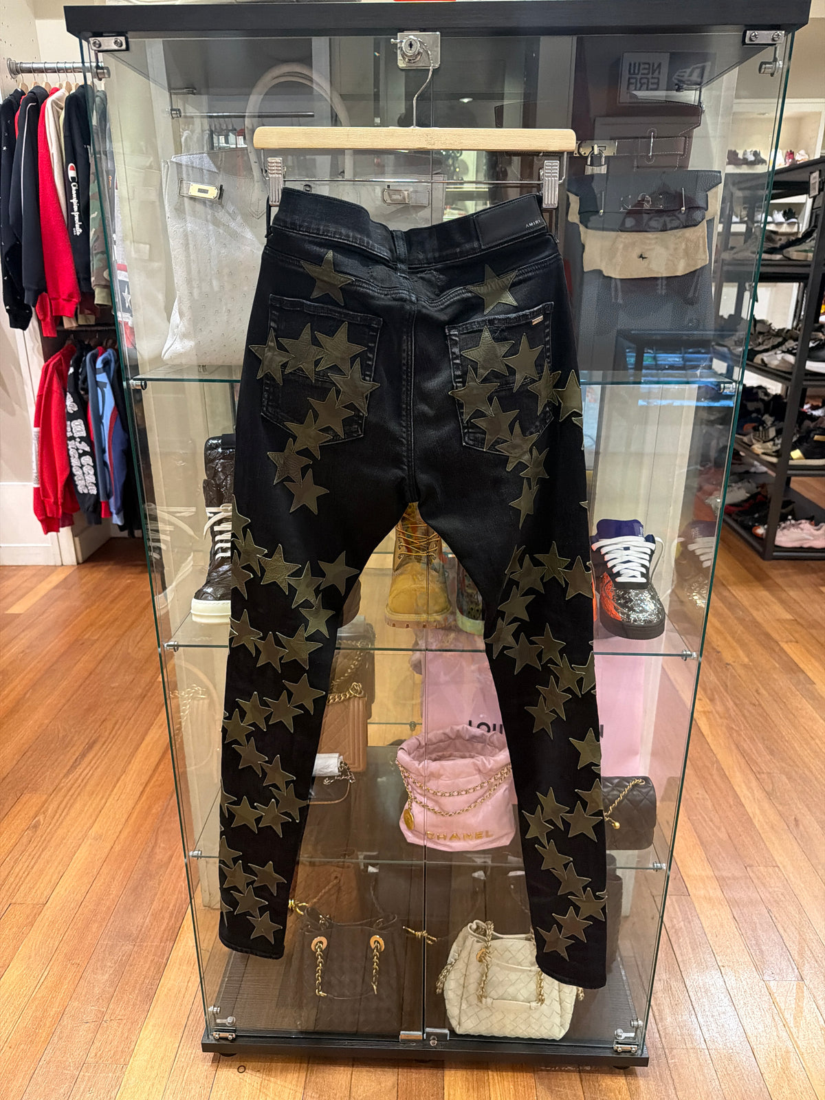 Amiri x Chemist Leather Patch Skinny Jeans -Black/GreenStars