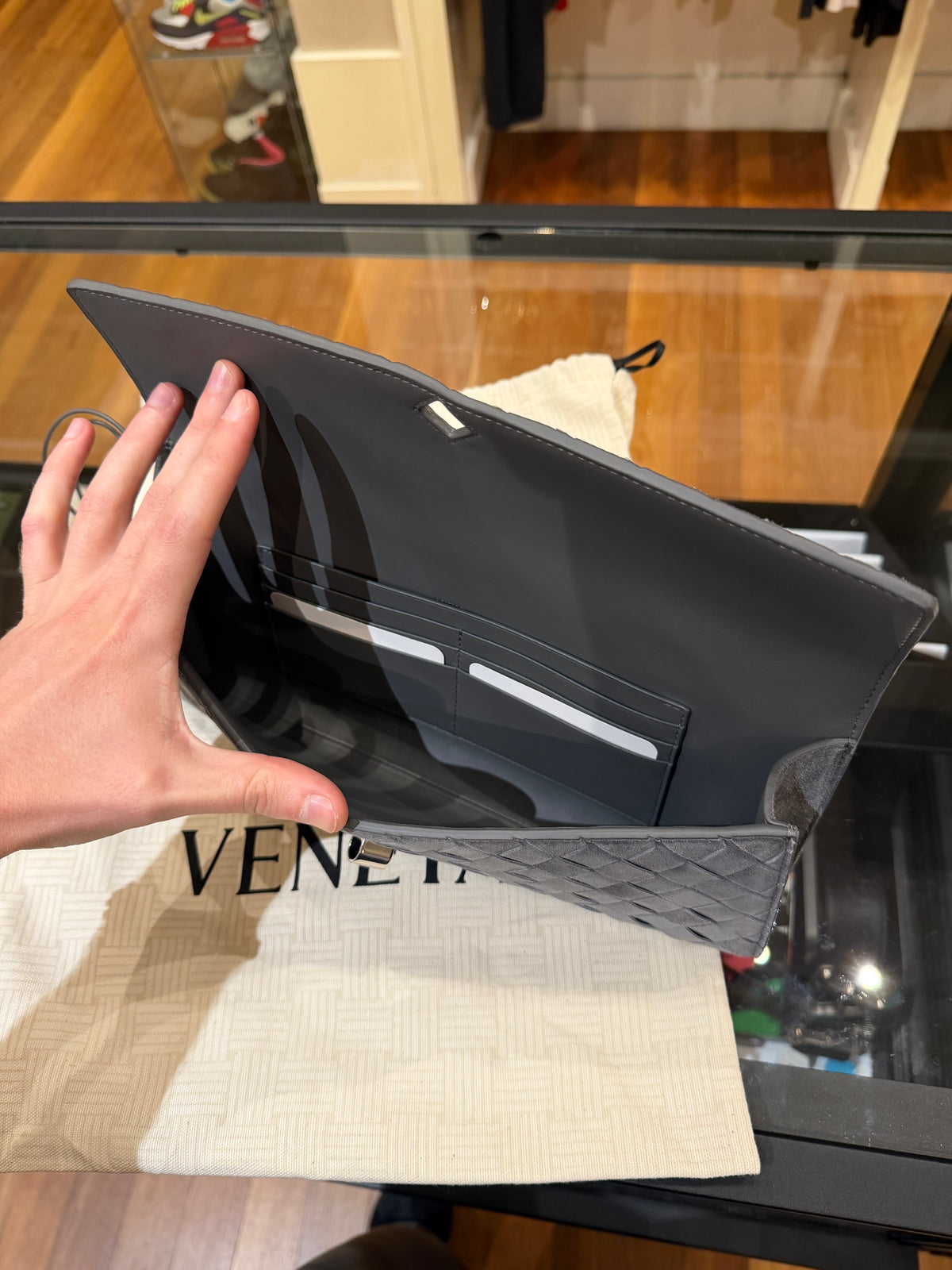 Bottega Veneta Andiamo Suede Leather Clutch Bag Obsi Grey