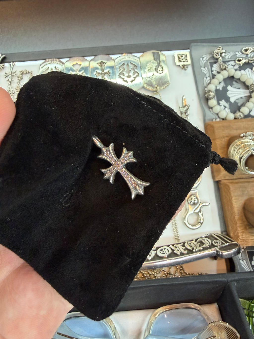 Chrome Hearts Pave Diamond Tiny Cross - Silver