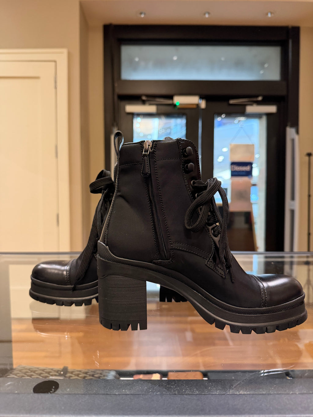 Prada Nylon Leather Block Heel Combat Boots - Black