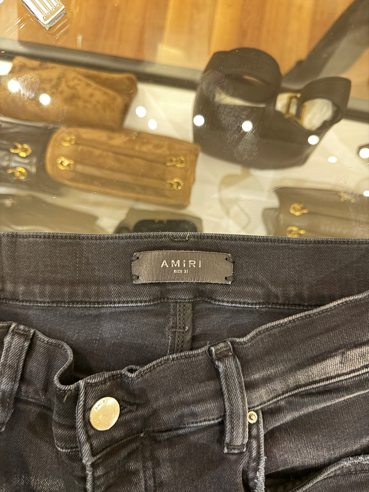 Amiri MX1 Blue Cracked Leather Patch Denim Jeans - Black