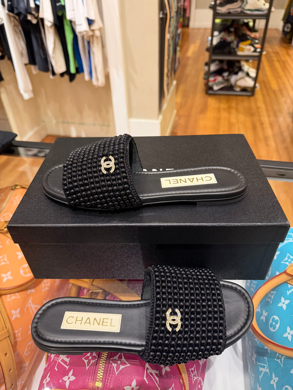 Chanel Pearl Crystal CC Mule Sandals