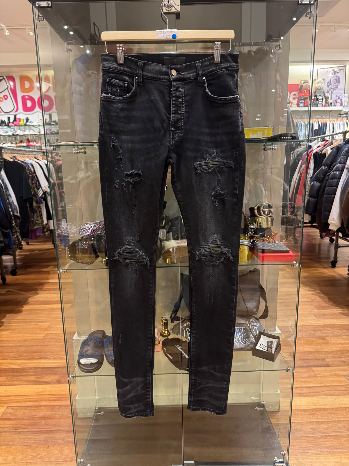 Amiri MX1 Camo Leather Patch Black Denim Jeans