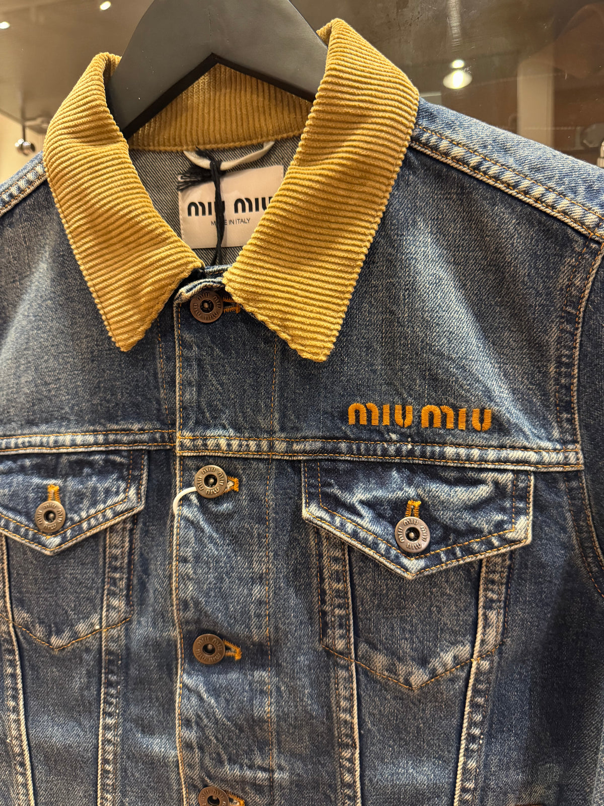 Miu Miu Logo Distressed Cropped Denim Jacket