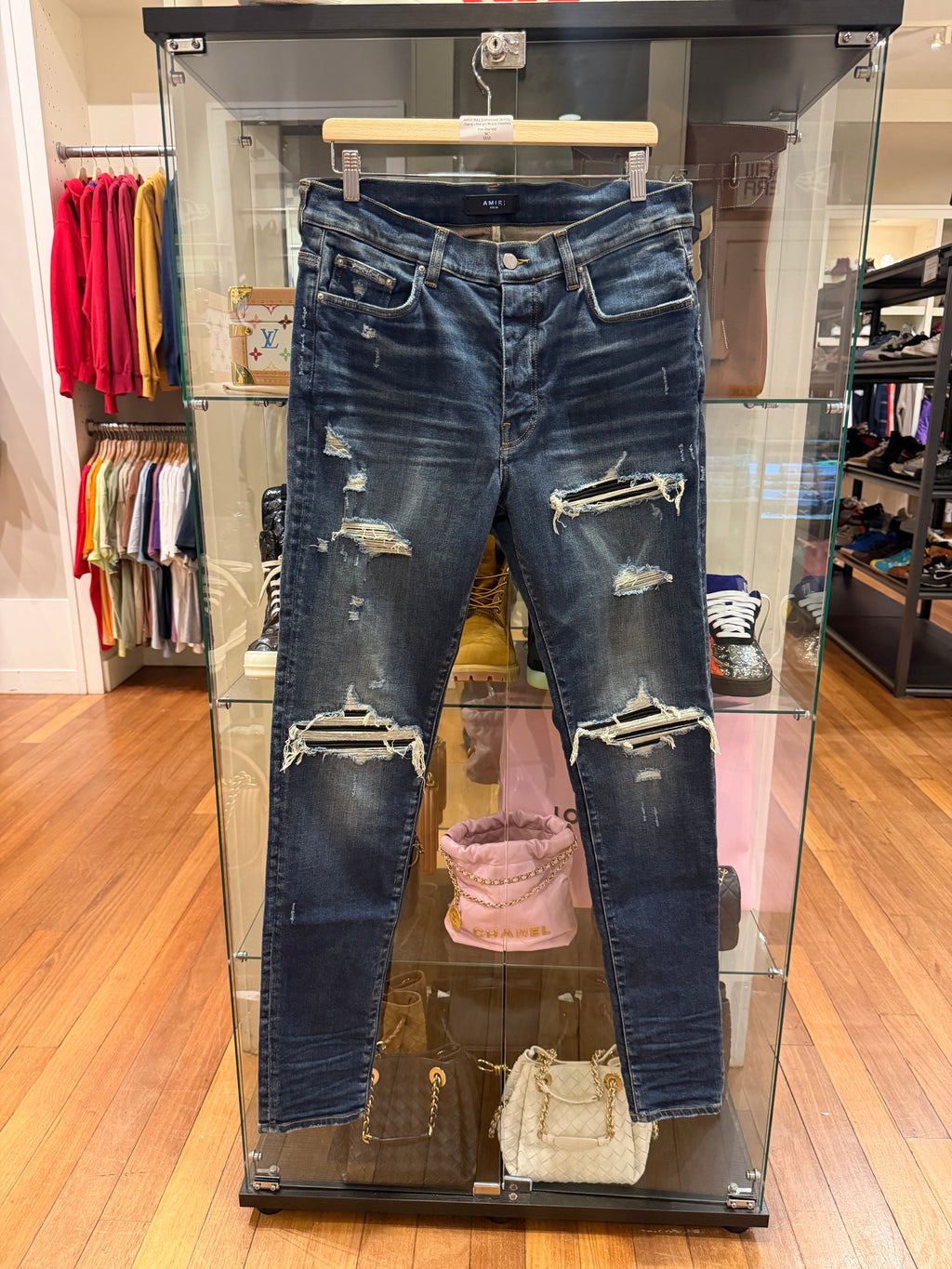 Amiri MX1 Distressed Skinny Jeans - Indigo/Black Patches