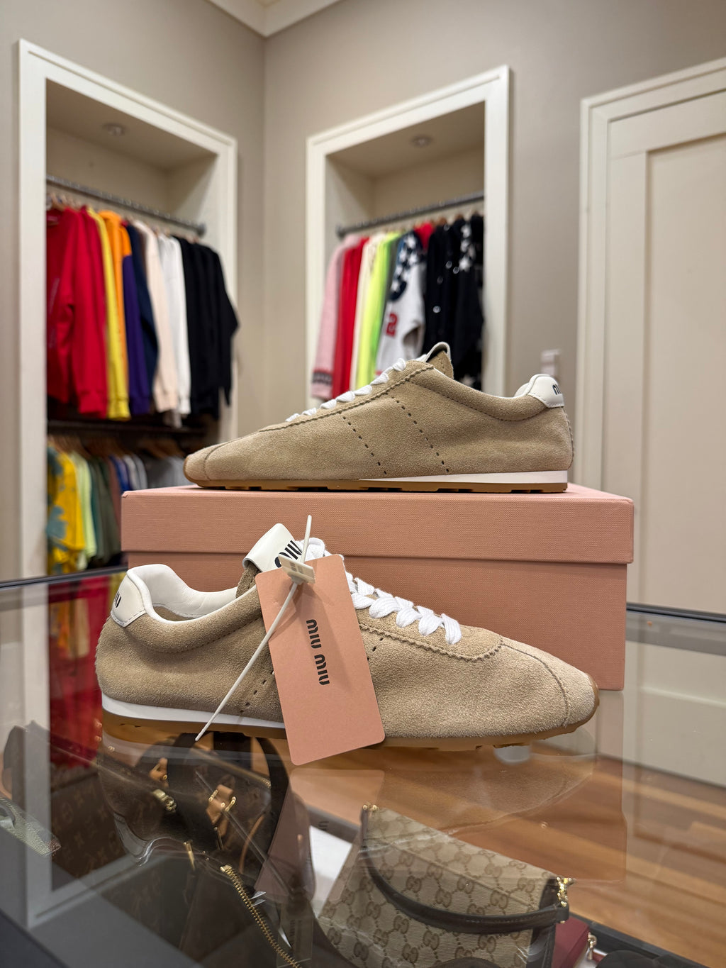 Miu Miu Plume Suede Sneakers - Desert Beige