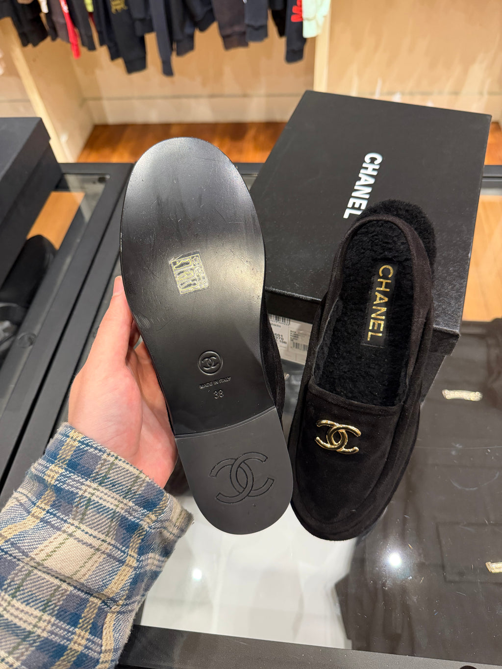 Chanel 25A Black Suede Shearling CC Moccasin Slingback Loafer