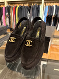 Chanel 25A Black Suede Shearling CC Moccasin Slingback Loafer