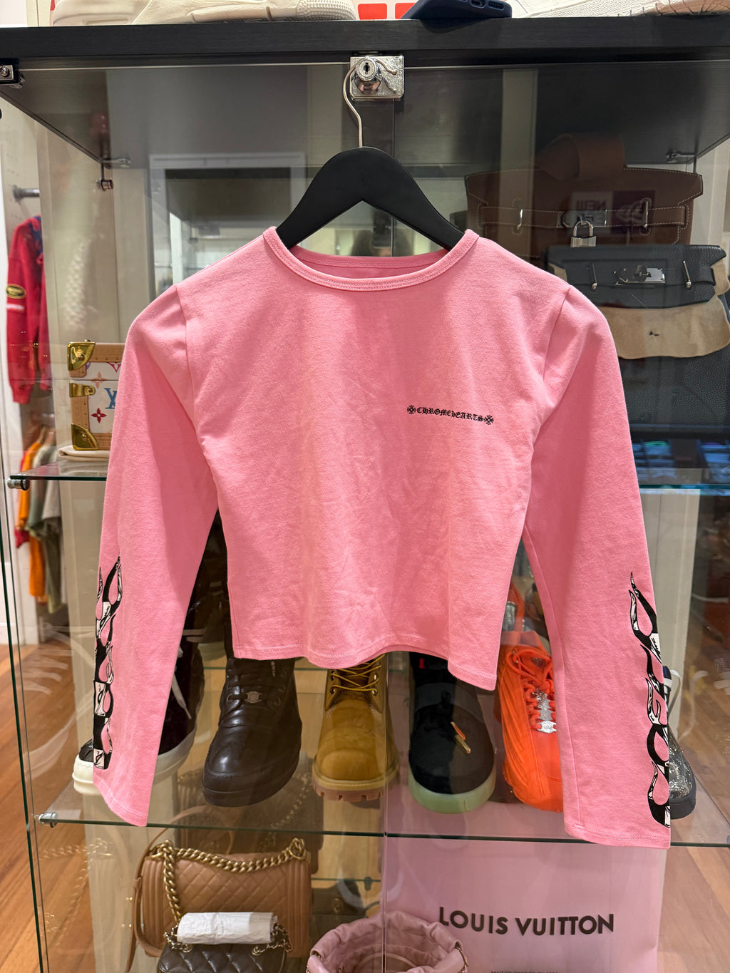 Chrome Hearts x Matty Boy Pink Flame Long Sleeve Crop Top