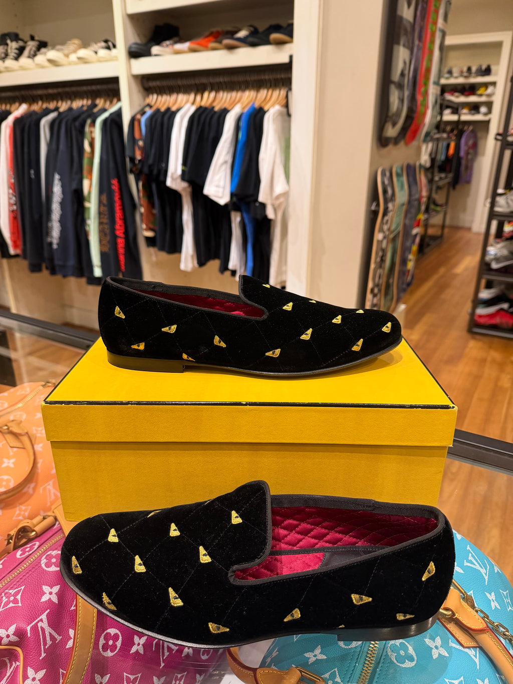 Fendi Velvet Eye Monster Motif Loafers