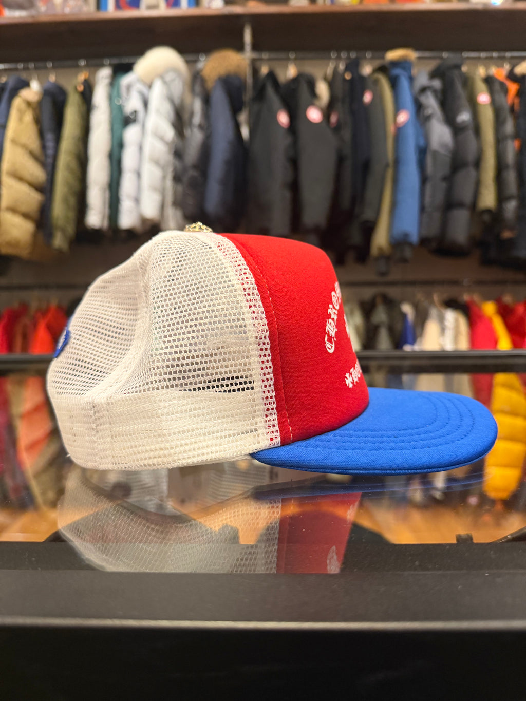Chrome Hearts Cemetery Cross Hollywood Trucker Hat - Red, White & Blue