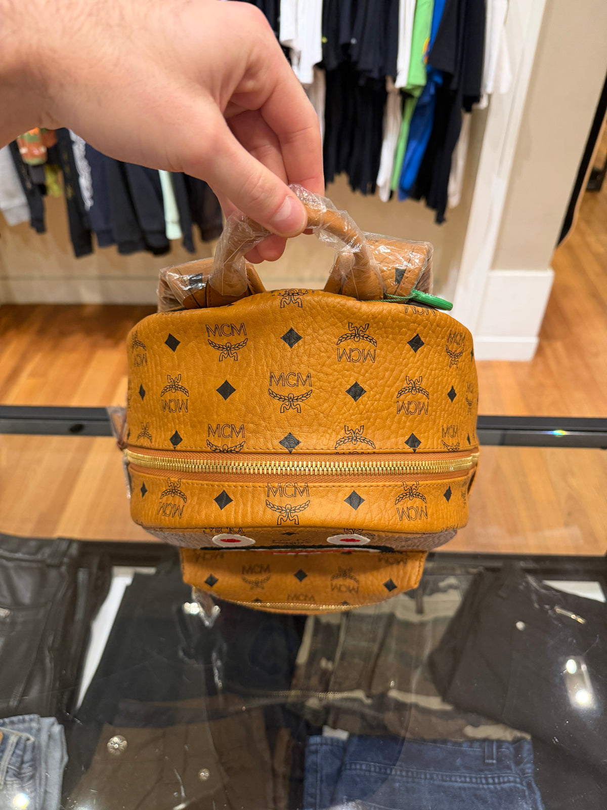 MCM x Bape Shark Backpack Visetos Cognac