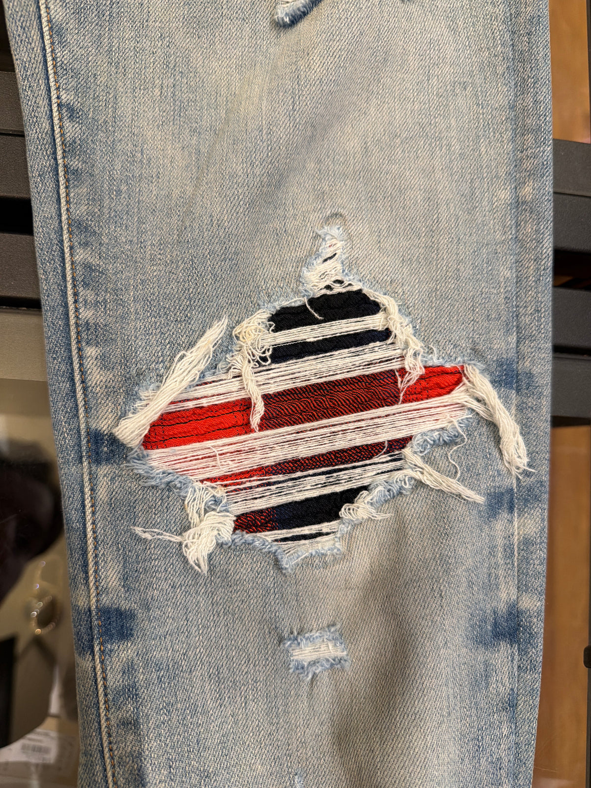 Amiri MX1 Distressed Skinny Jeans - LightWash/Flannel Patches