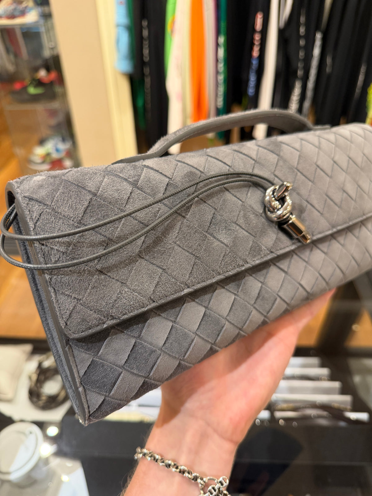 Bottega Veneta Andiamo Suede Leather Clutch Bag Obsi Grey