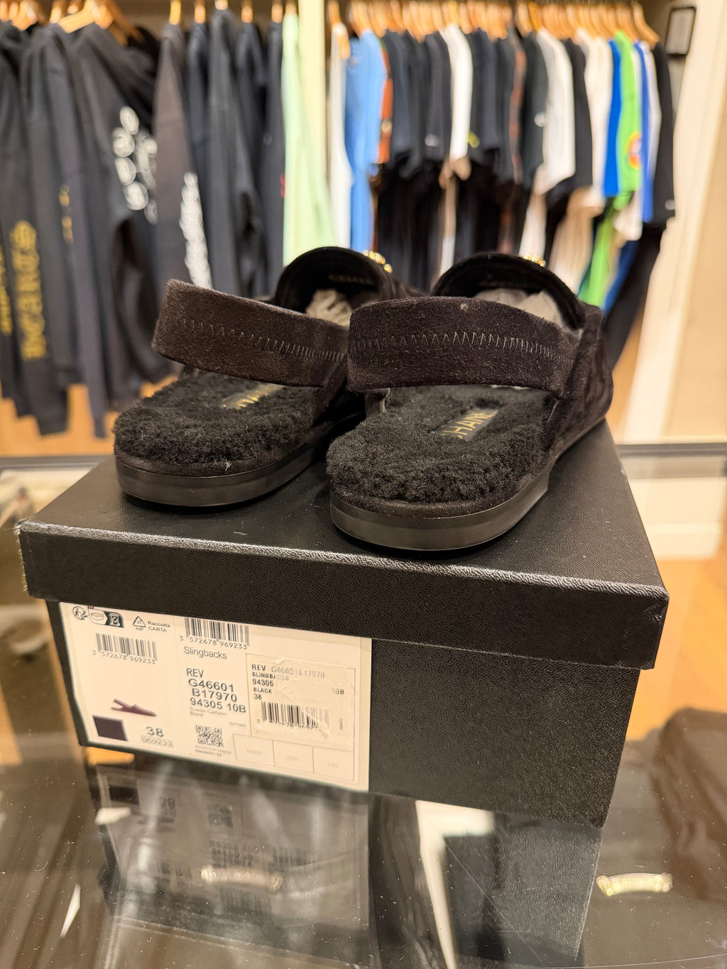 Chanel 25A Black Suede Shearling CC Moccasin Slingback Loafer