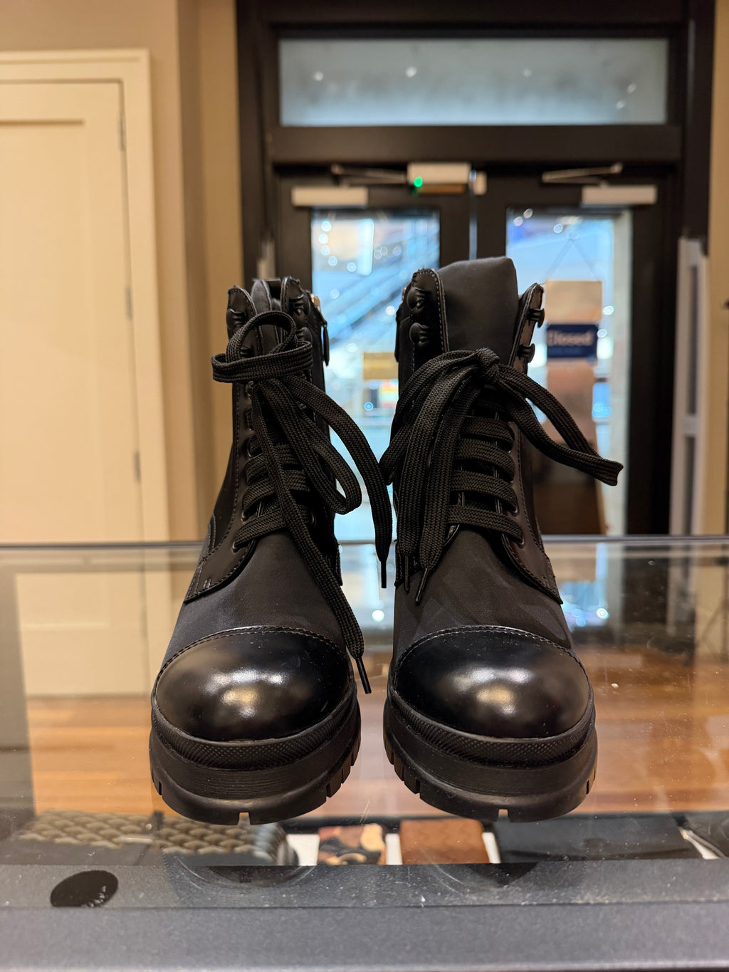 Prada Nylon Leather Block Heel Combat Boots - Black