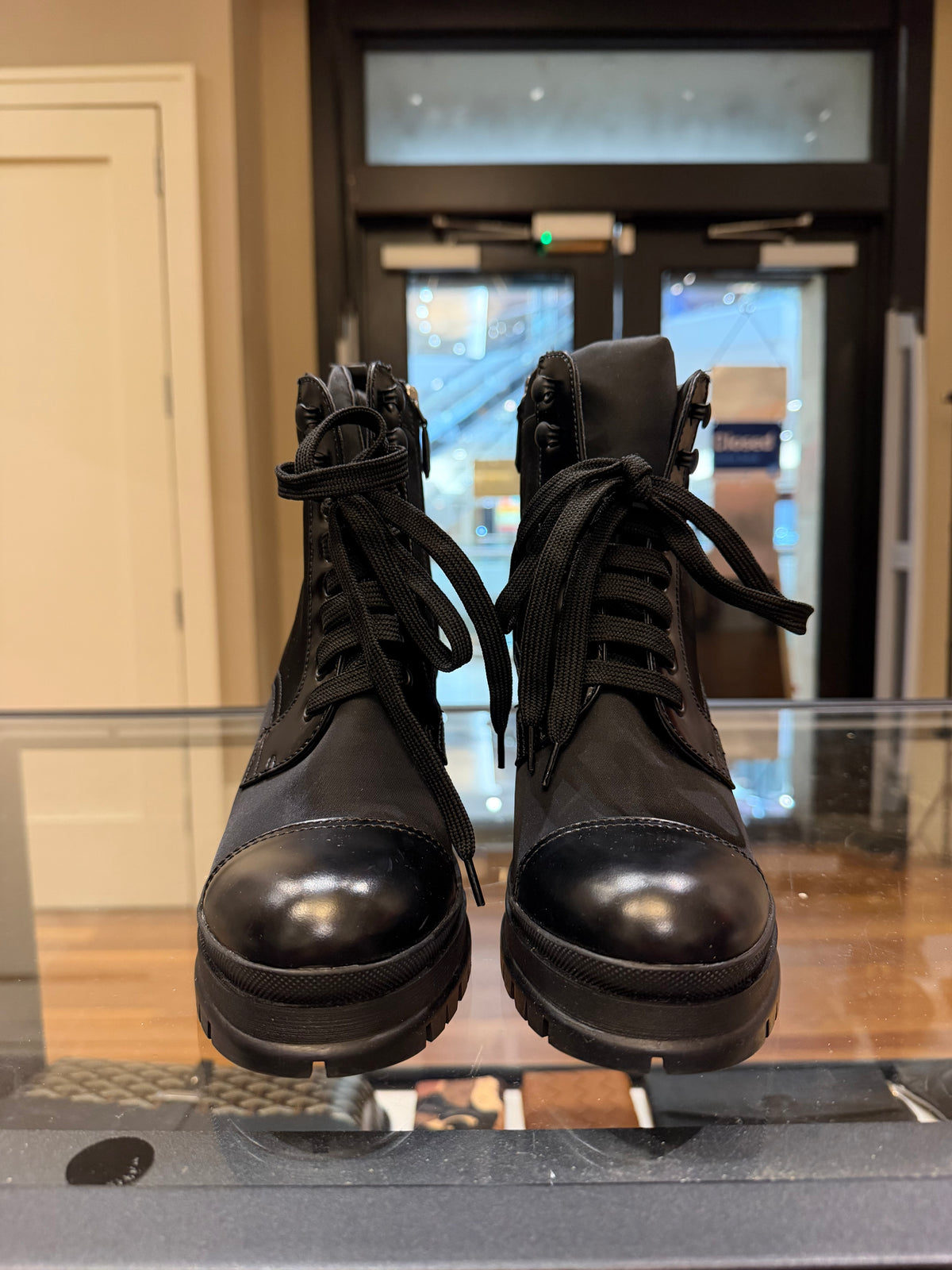 Prada Nylon Leather Block Heel Combat Boots - Black
