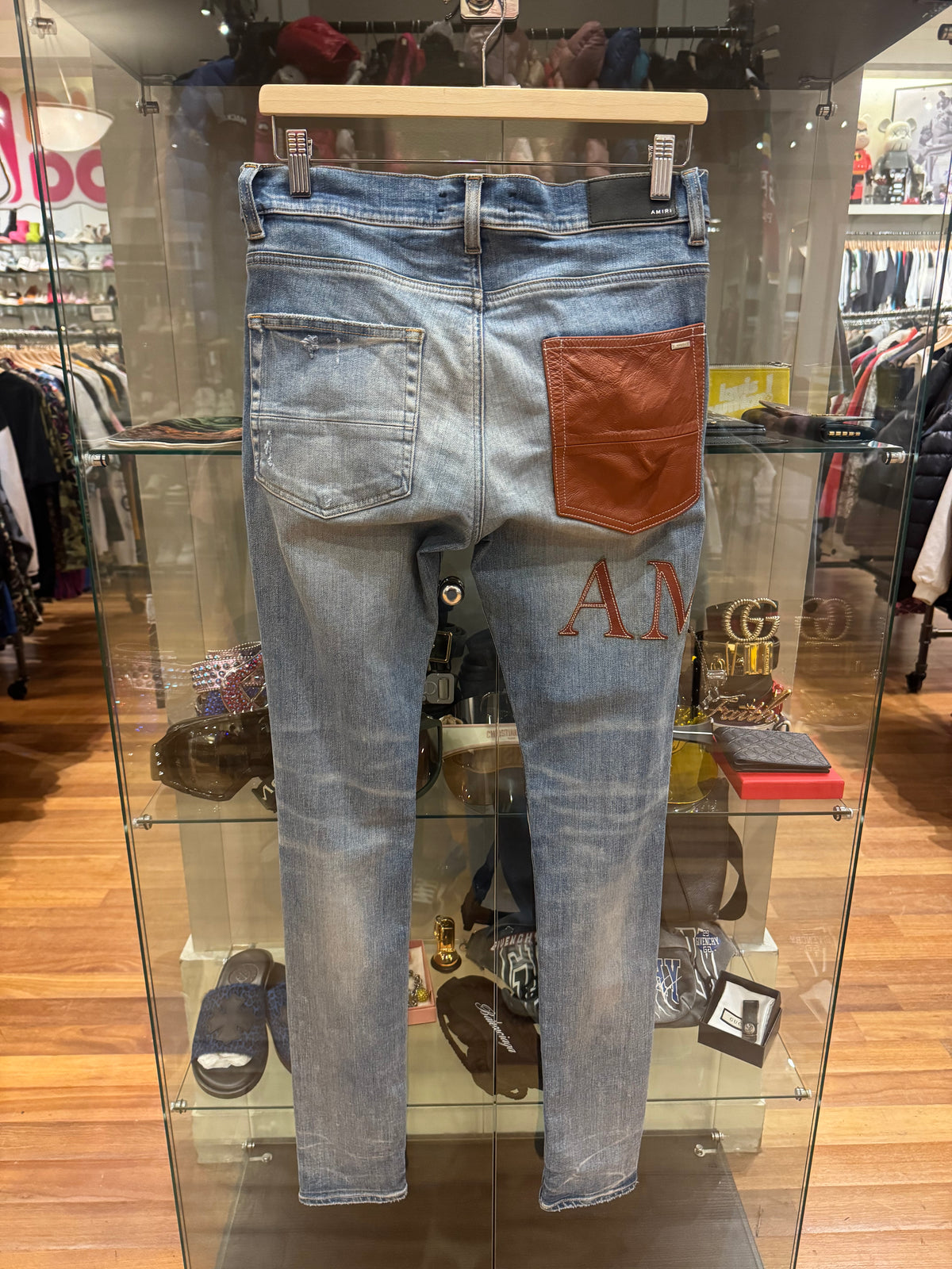 Amiri Leather Core Appliqué Logo Jeans - Indigo/Clay