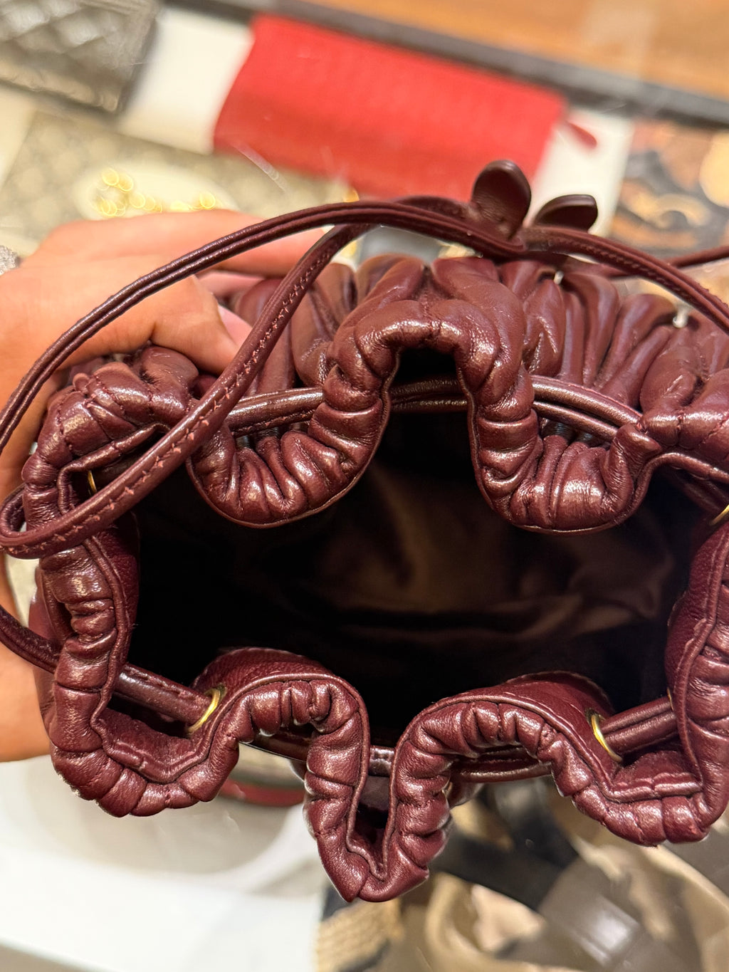 Miu Miu Black Matelassé Leather Mini Bag - Burgundy