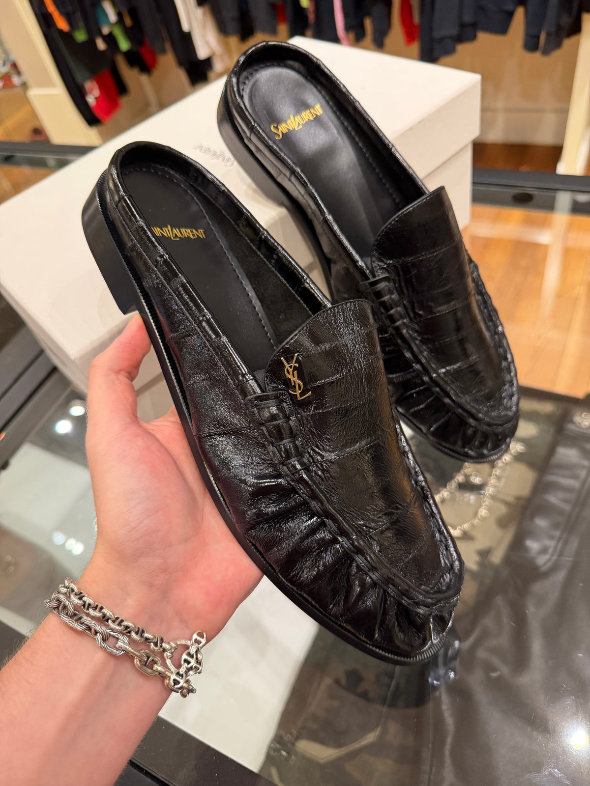 Yves Saint Laurent Mules - Black Cracked Leather
