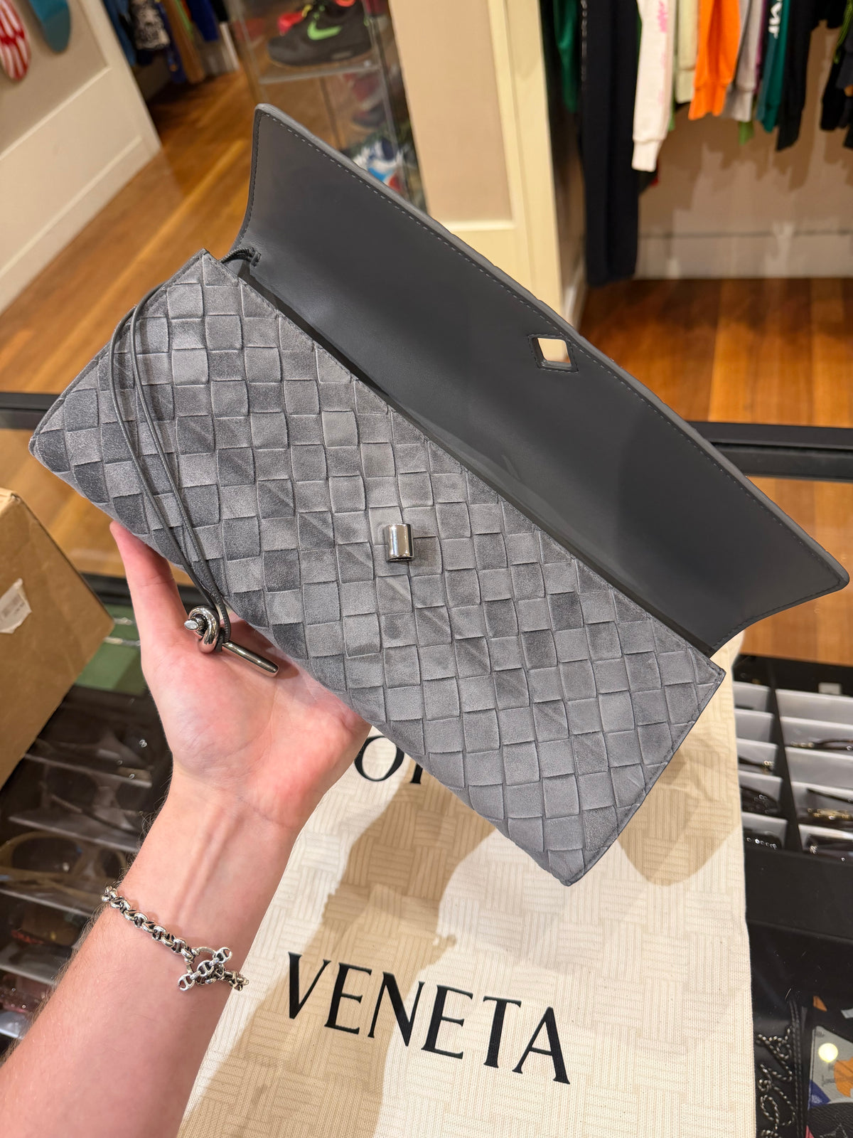 Bottega Veneta Andiamo Suede Leather Clutch Bag Obsi Grey