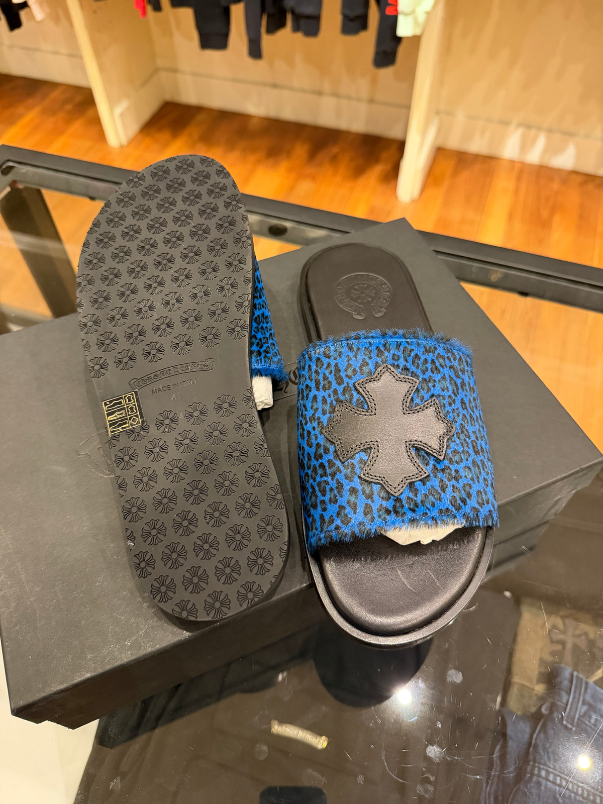 Chrome Hearts Blue Leopard CH Plus Patch Slides