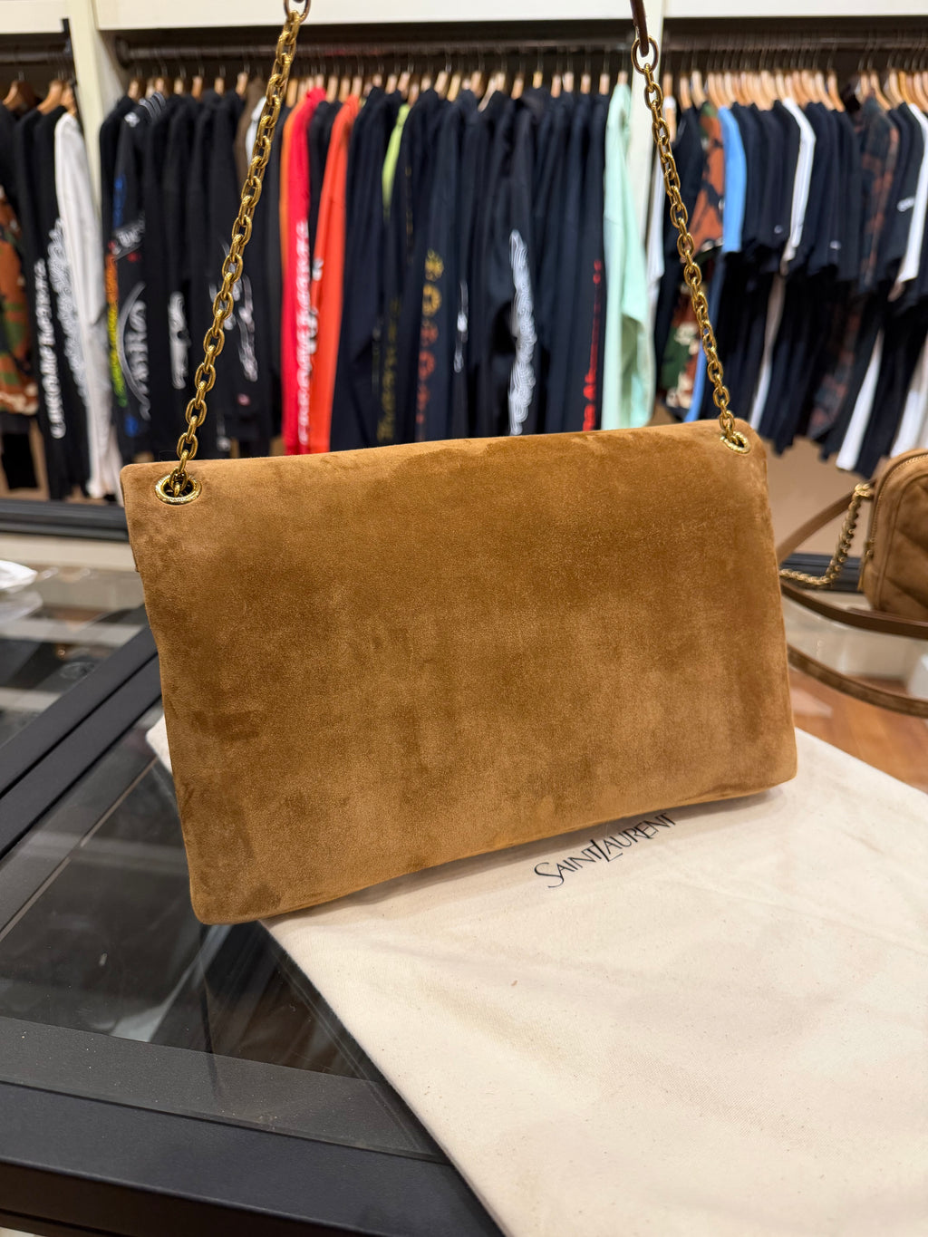Saint Laurent Cassandre YSL Envelope Shoulder Bag - Camel Suede