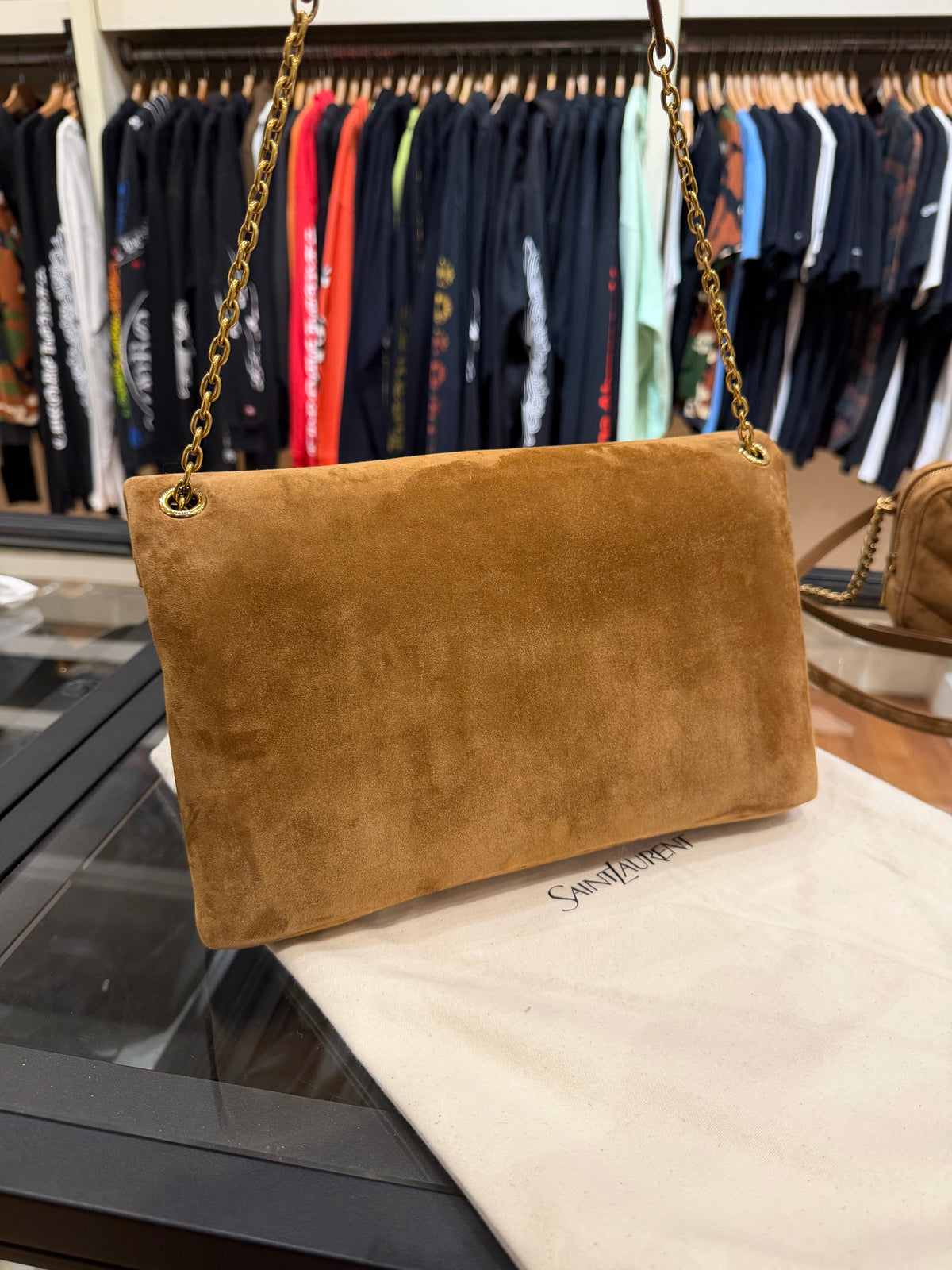 Saint Laurent Cassandre YSL Envelope Shoulder Bag - Camel Suede