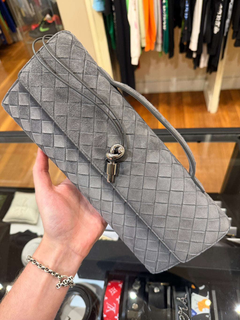 Bottega Veneta Andiamo Suede Leather Clutch Bag Obsi Grey