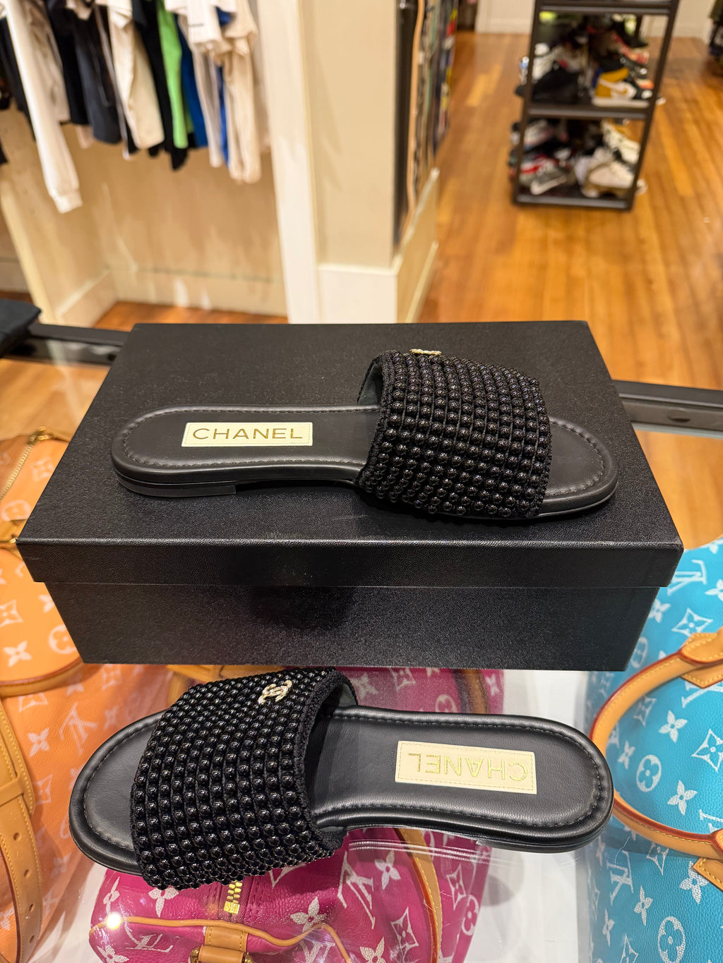 Chanel Pearl Crystal CC Mule Sandals