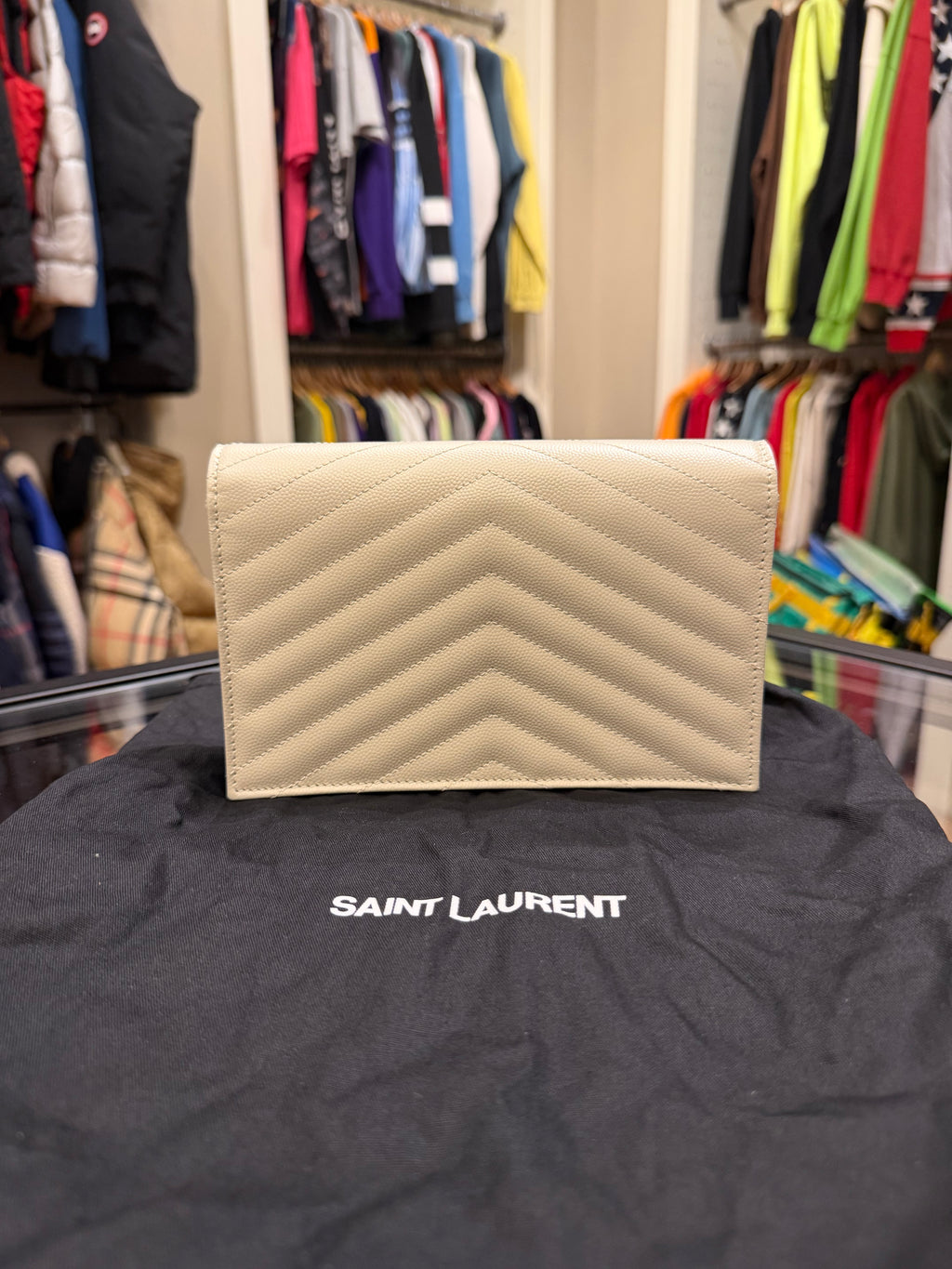 Saint Laurent Cassandre Envelope Chain Wallet - Beige