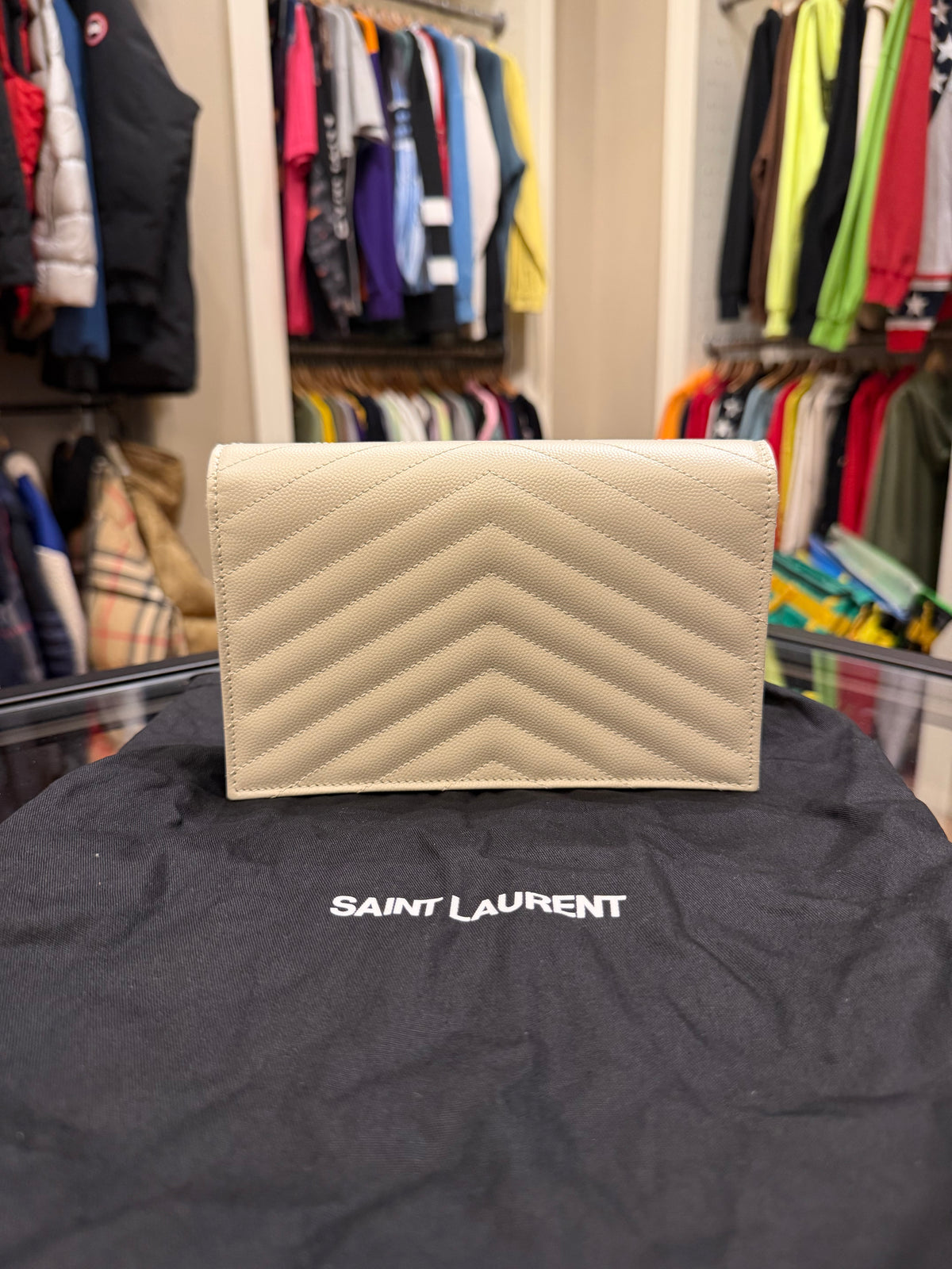 Saint Laurent Cassandre Envelope Chain Wallet - Beige